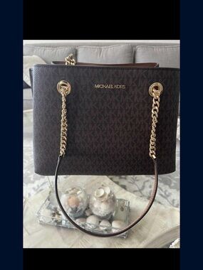 Michael Kors Dark Brown Signature MK Logo Chain-Handle Tote